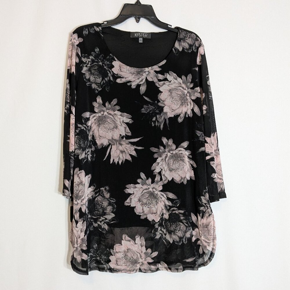 KASPER Black/Lavender Floral Stretchy Lined Tunic Top; 3/4 Sleeves; Size XL